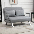 Light grey two-seater sofa bed with armrest handles and two back cushions