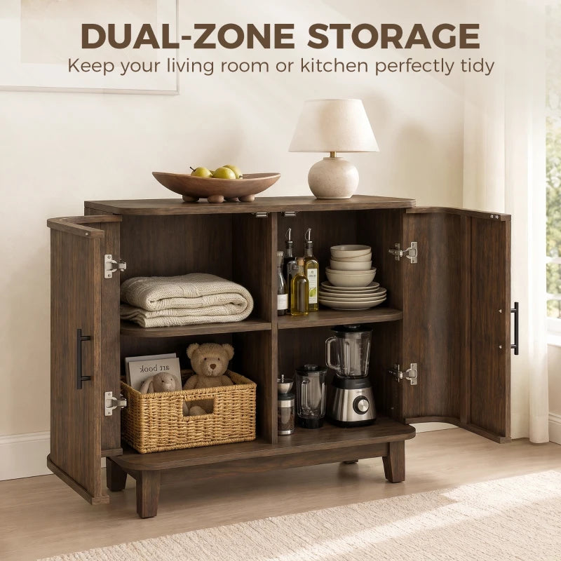 Dark walnut buffet cabinet with doors open, showing dual storage zones