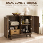Dark walnut buffet cabinet with doors open, showing dual storage zones