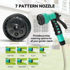 Retractable hose reel with teal multi-pattern spray nozzle attachment