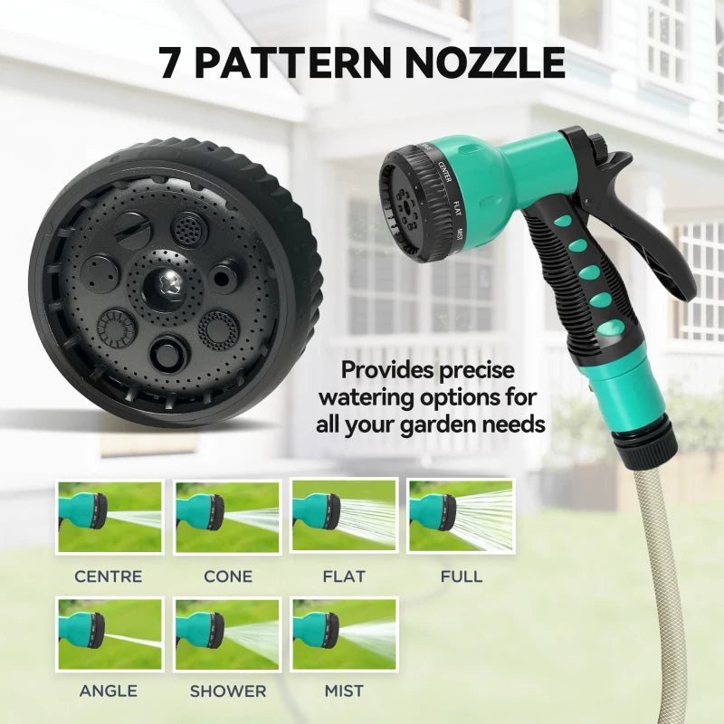 Retractable hose reel with teal multi-pattern spray nozzle attachment