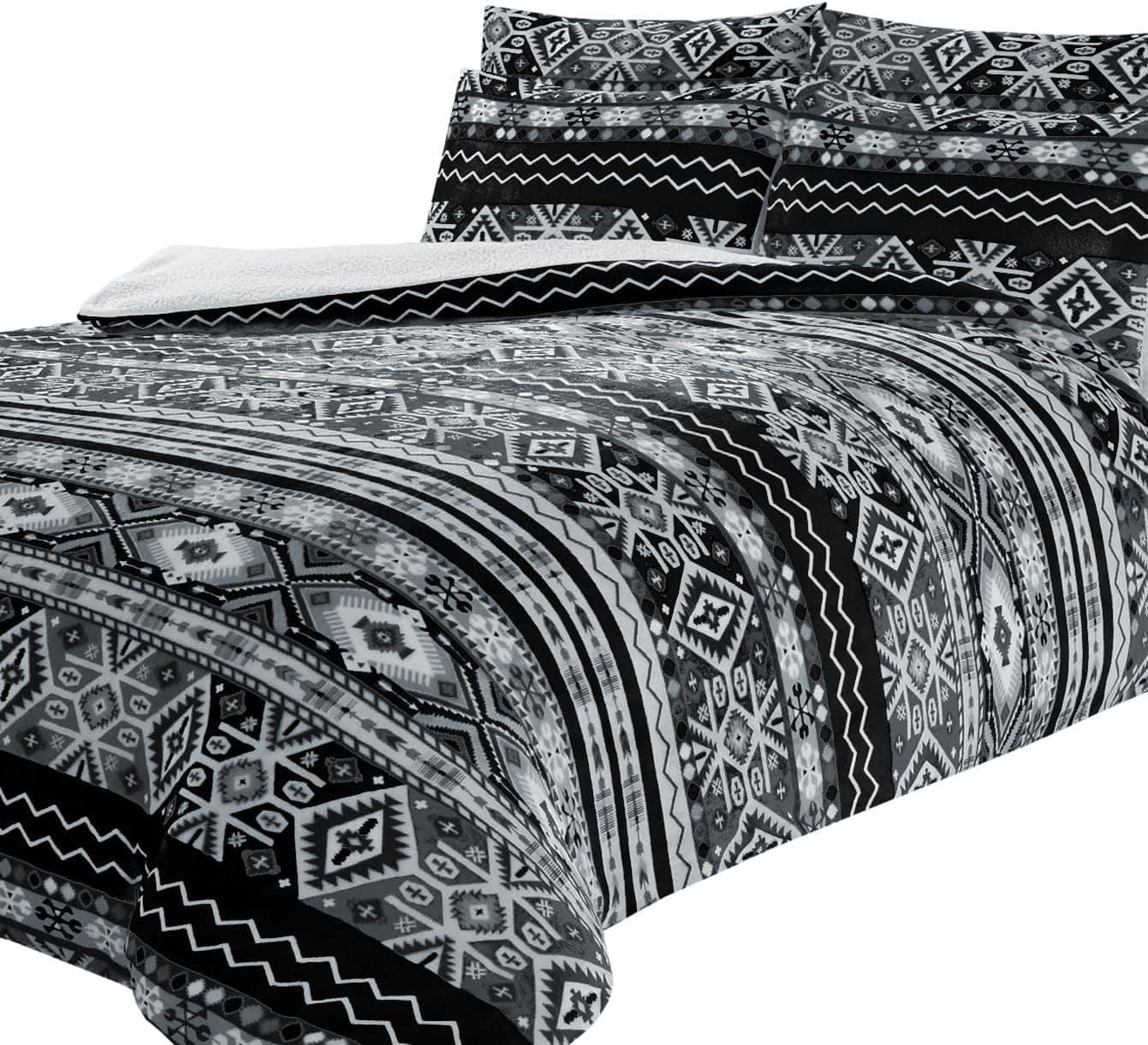 aztec-print-teddy-fleece-duvet-set-with-reversible-sherpa-fur-luxurious-winter-comfort-in-single-double-king-sizes-by-olivia-rocco-single-black-duvet-cover-948733635 - Bobobiy