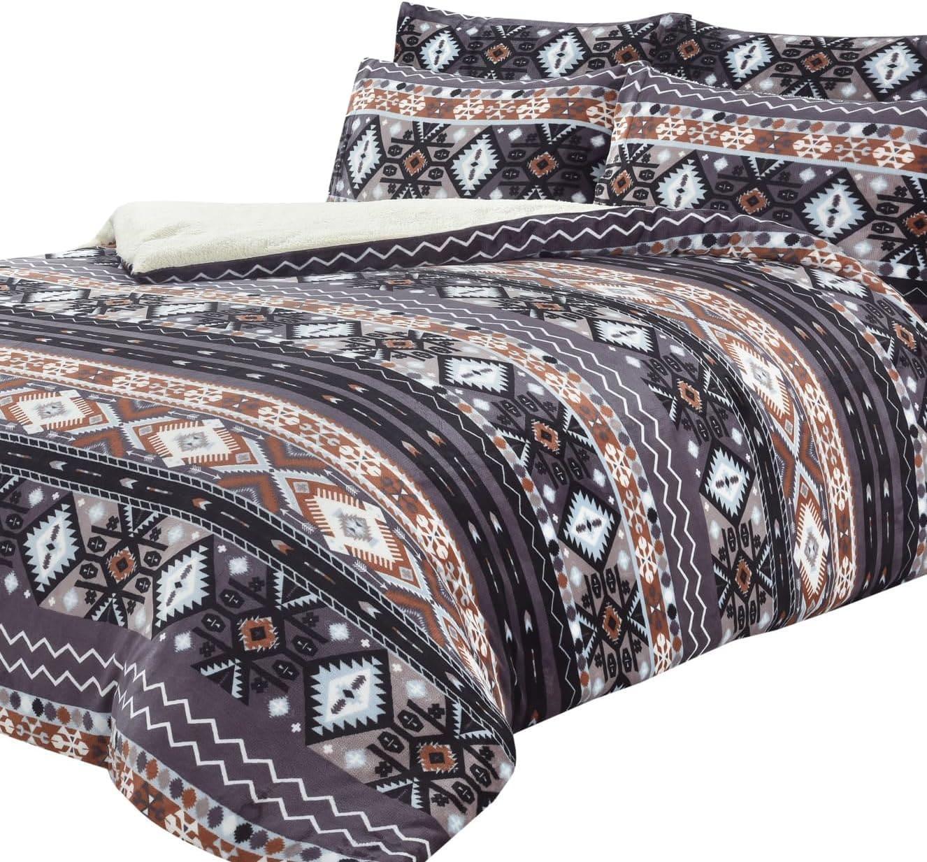 aztec-print-teddy-fleece-duvet-set-with-reversible-sherpa-fur-luxurious-winter-comfort-in-single-double-king-sizes-by-olivia-rocco-single-grey-duvet-cover-948733657 - Bobobiy