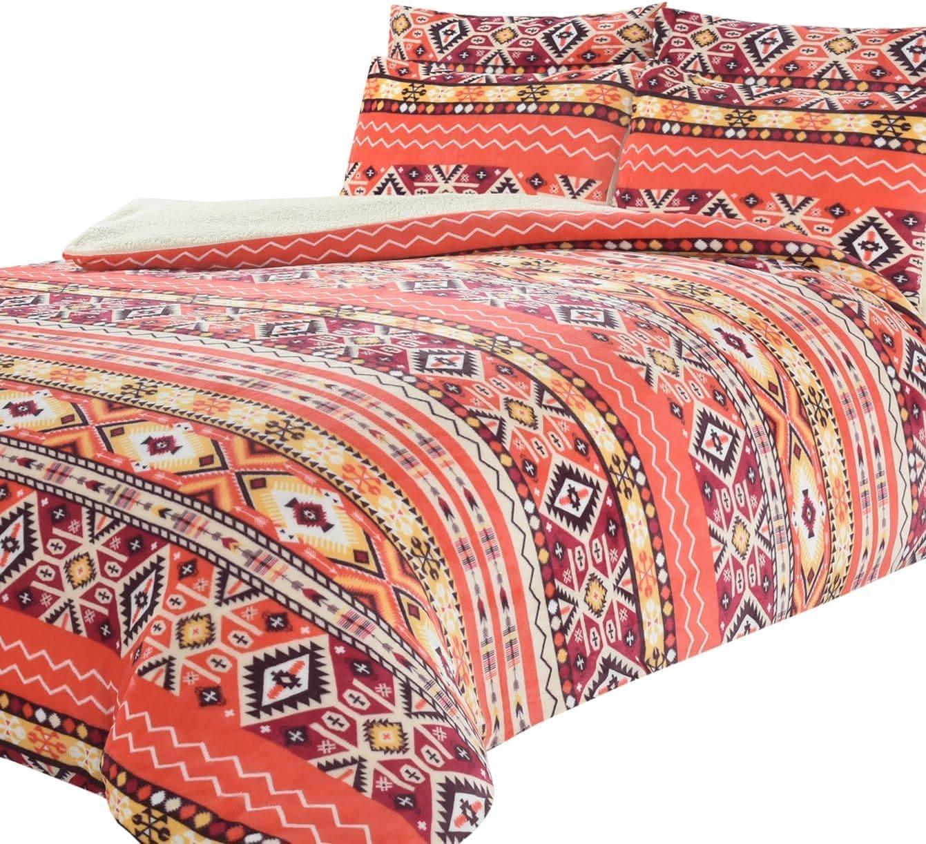 aztec-print-teddy-fleece-duvet-set-with-reversible-sherpa-fur-luxurious-winter-comfort-in-single-double-king-sizes-by-olivia-rocco-single-orange-duvet-cover-948733642 - Bobobiy