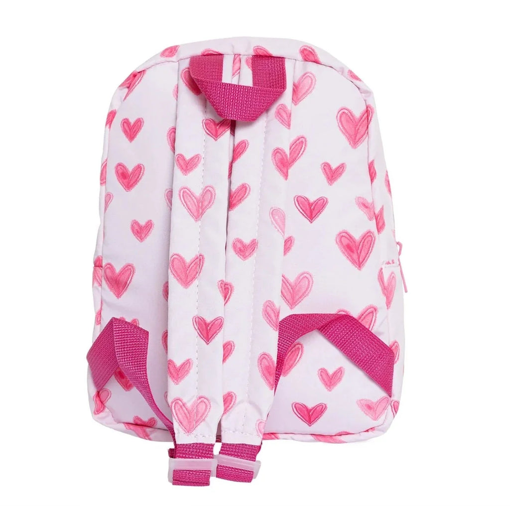 Back view of pink heart-print kids backpack with two adjustable shoulder straps