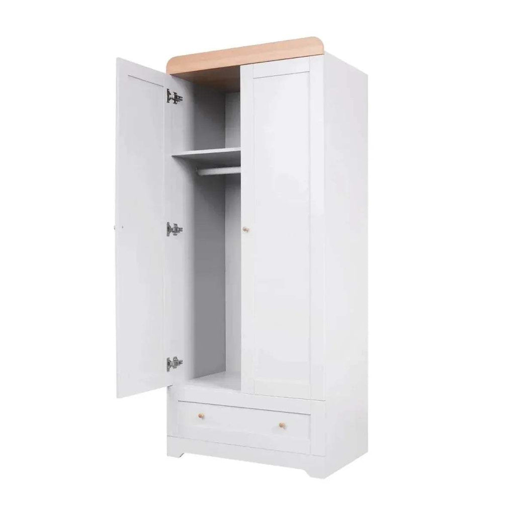 Kids wardrobe with open doors, inner shelves and hanging area, oak top