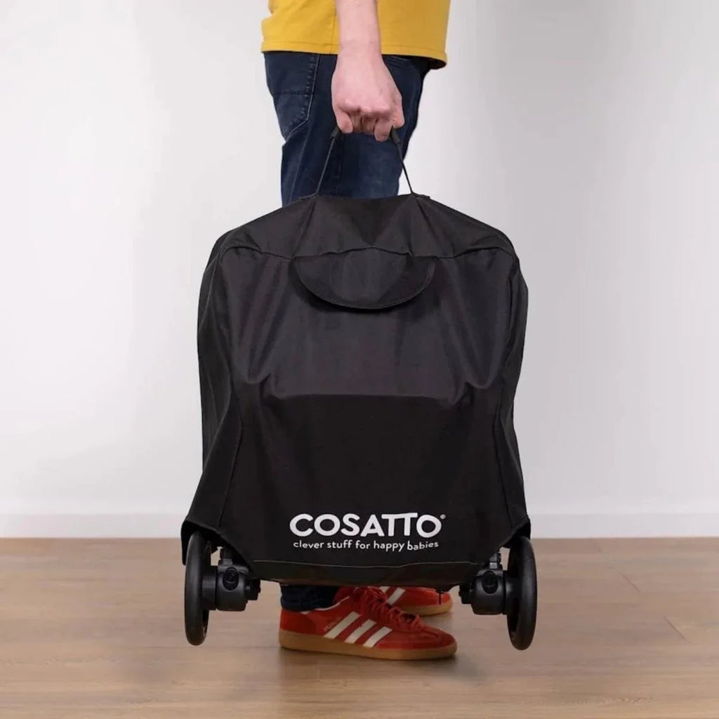 Black stroller bag with rear hood pocket, Cosatto logo, and wheel mounts