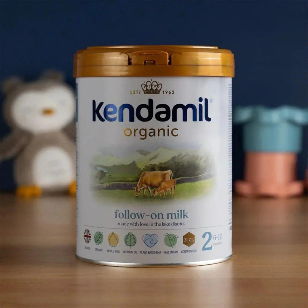 Kendamil organic follow-on milk formula tin, 6–12 months, gold lid