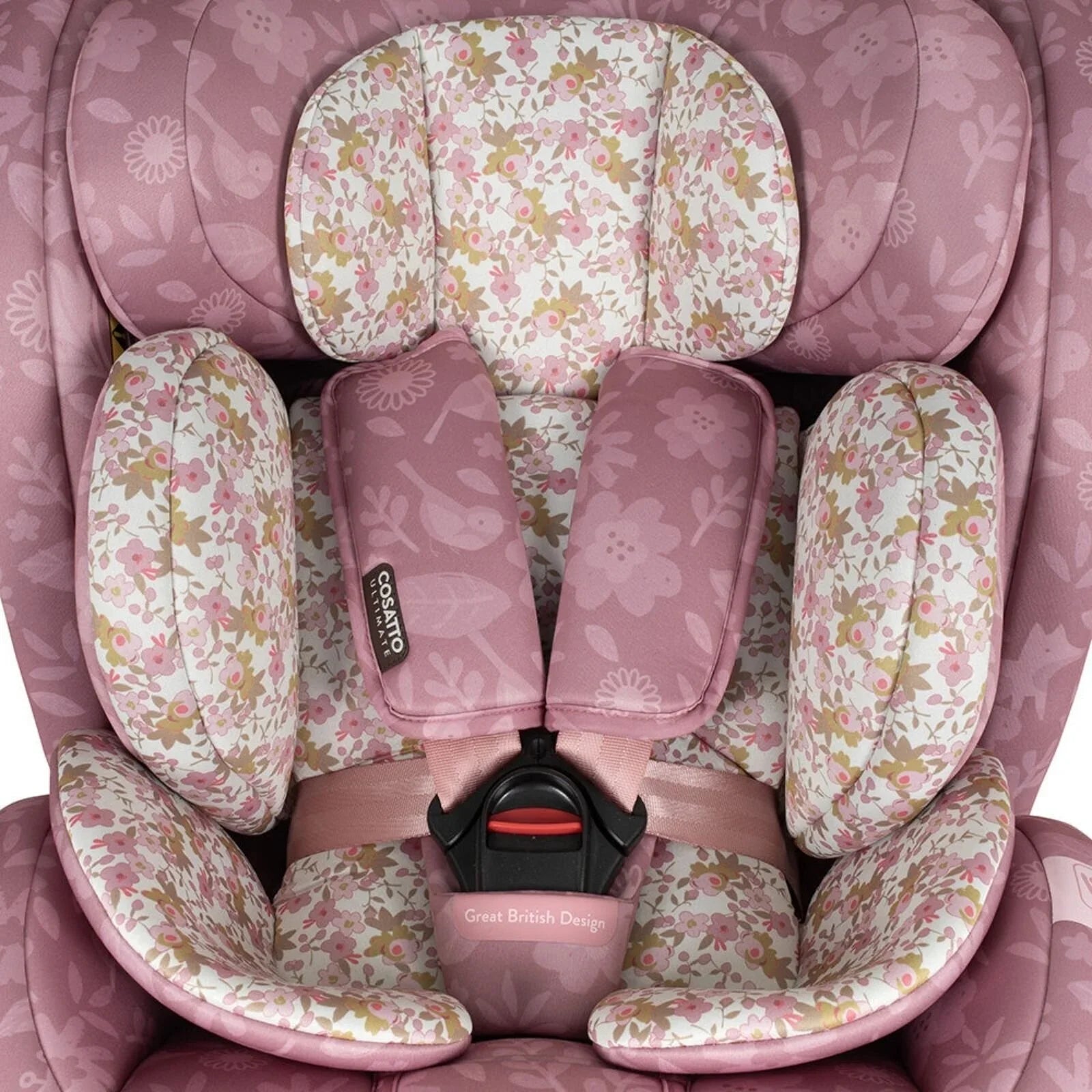 Cosatto i-Size car seat interior with pink floral pads, harness, and buckle