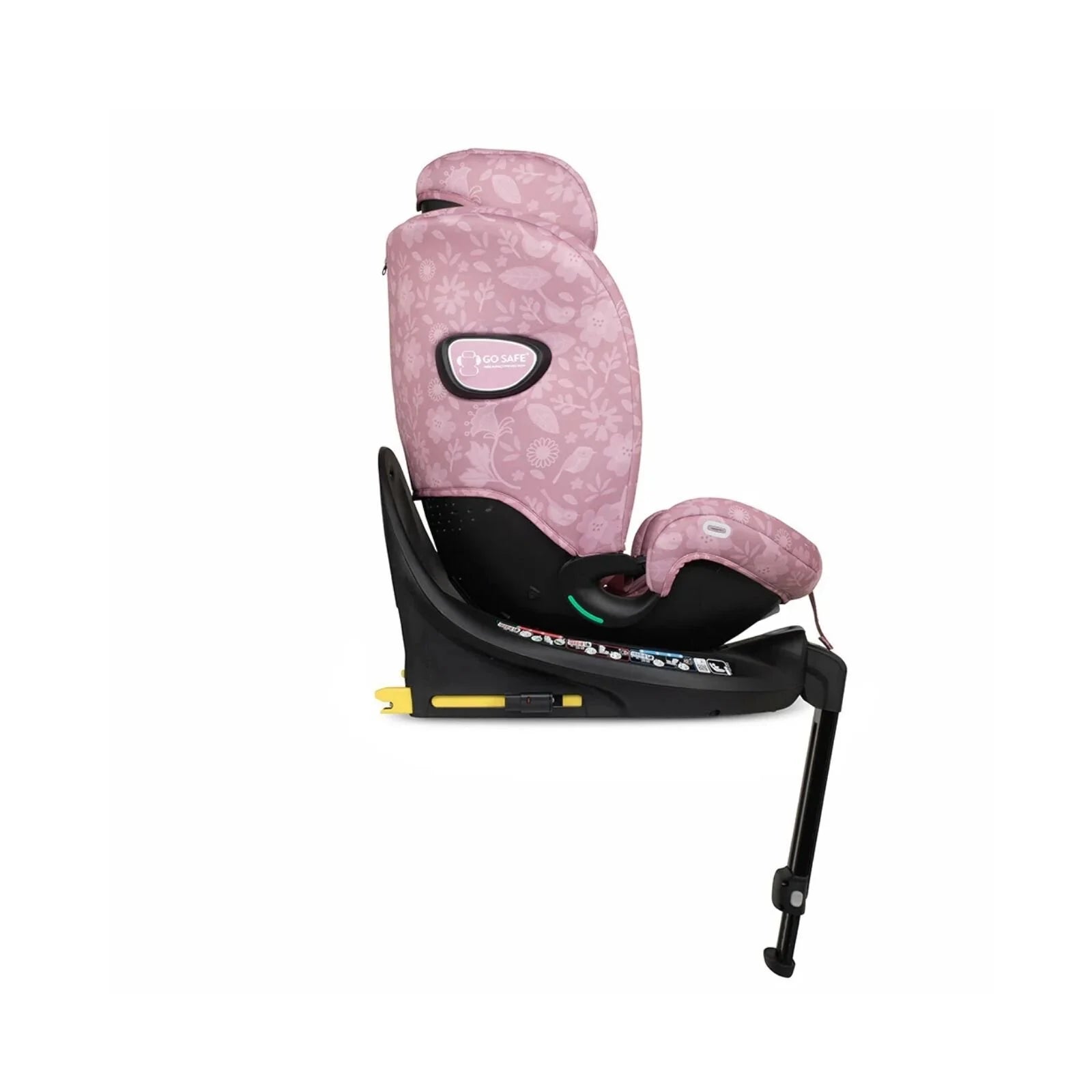 Light pink patterned infant car seat with padded insert on a black base, front view
