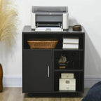 Black printer stand cabinet with door and open compartments for files and supplies