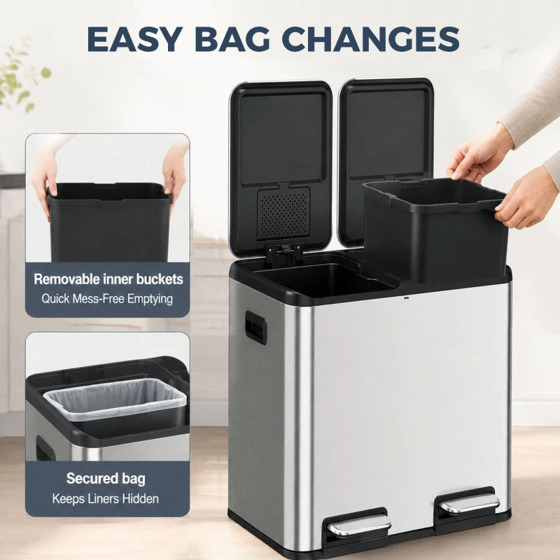 Stainless steel dual bin with removable inner buckets and two foot pedals
