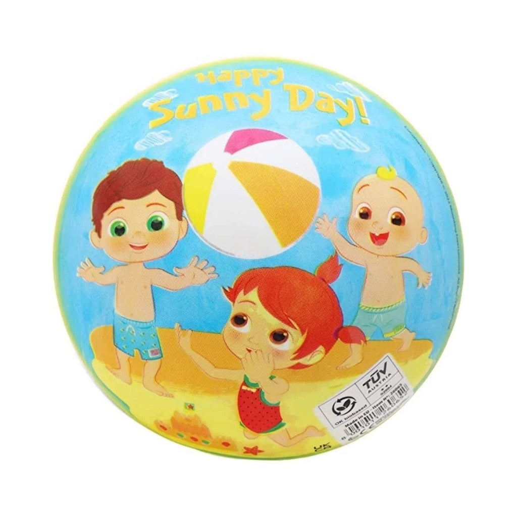 Kids inflatable ball with three characters and beach theme, "Happy Sunny Day!" text