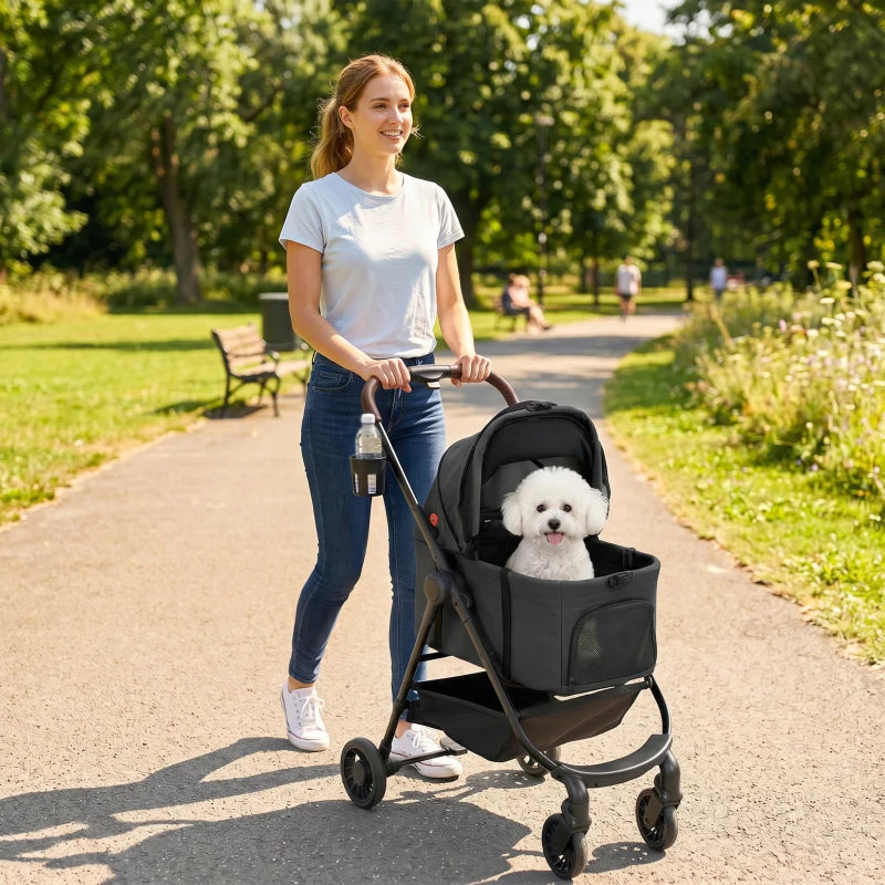 Black folding pet stroller with covered carrier and mesh side panel for small pets