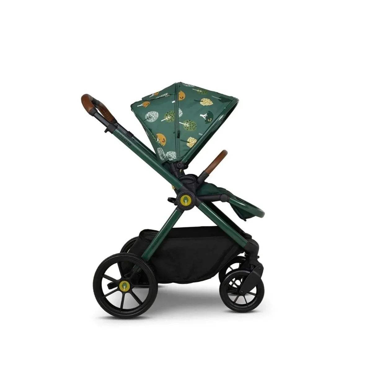 Green pushchair with patterned canopy and compact folded frame, front-left angle
