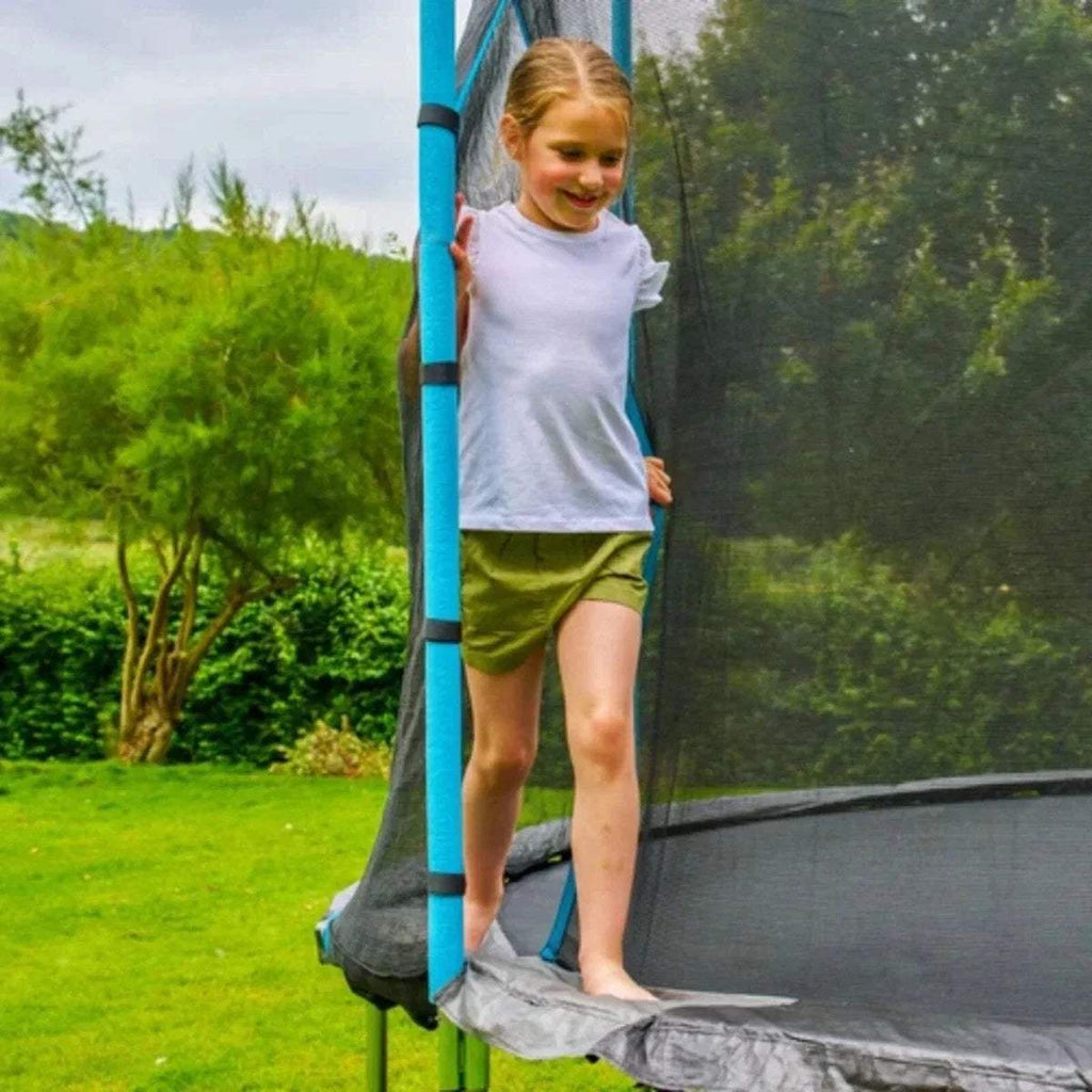 Trampoline with blue padded pole and black mesh safety net, round edge and legs