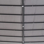 Grey canopy fabric panels with central support bar on metal pergola frame