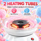White cotton candy maker with clear top bowl and glowing black heating plate, red indicator