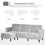 Light grey corner sofa bed with customized layout diagrams and matching footstool