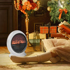 White tabletop electric fireplace heater with flame effect placed on the floor