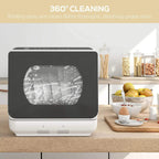 White countertop dishwasher with dark door window showing rotating spray pattern