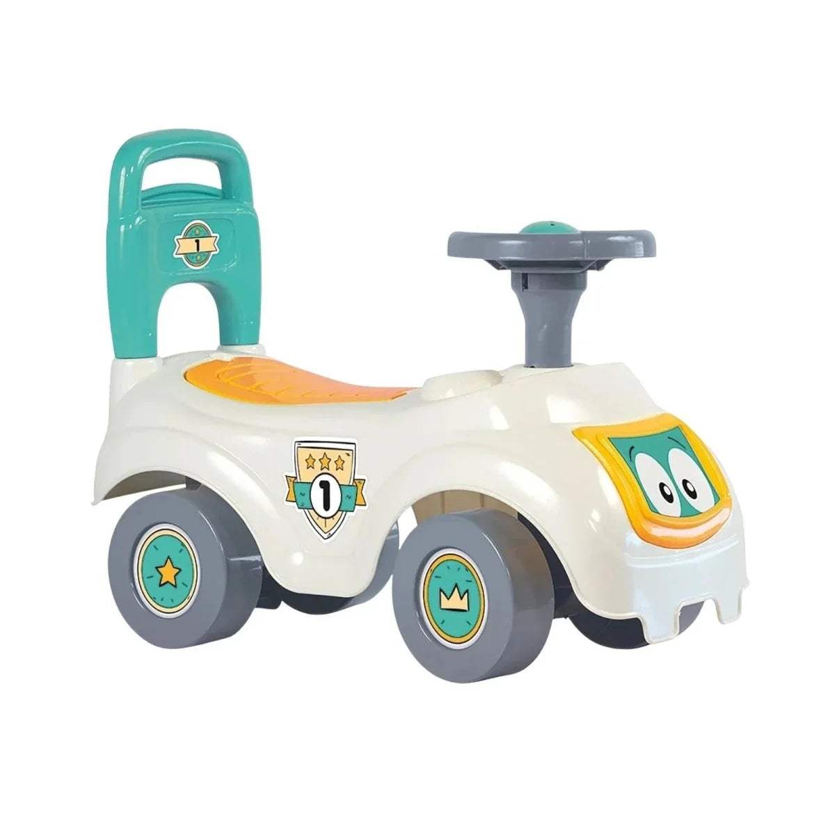 White Dolu ride-on car with teal handle and smiling character face, four gray wheels