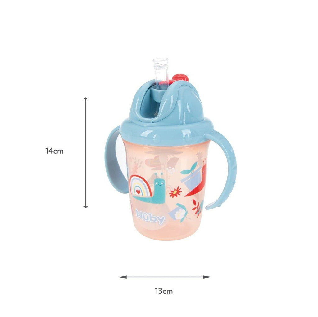 Light blue flip-top sippy cup with straw lid, side handles, pink floral print