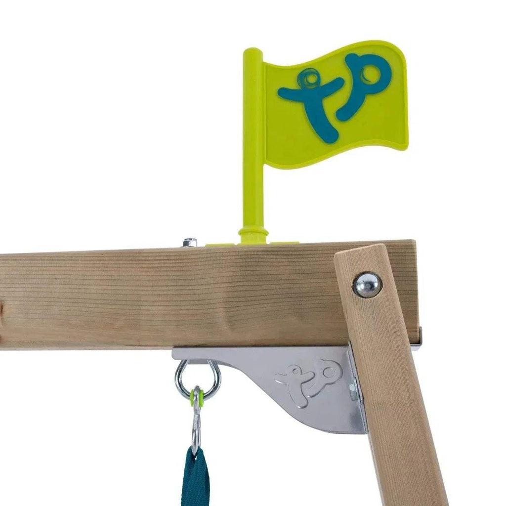 Wooden swing frame bracket with metal hook and green decorative flag