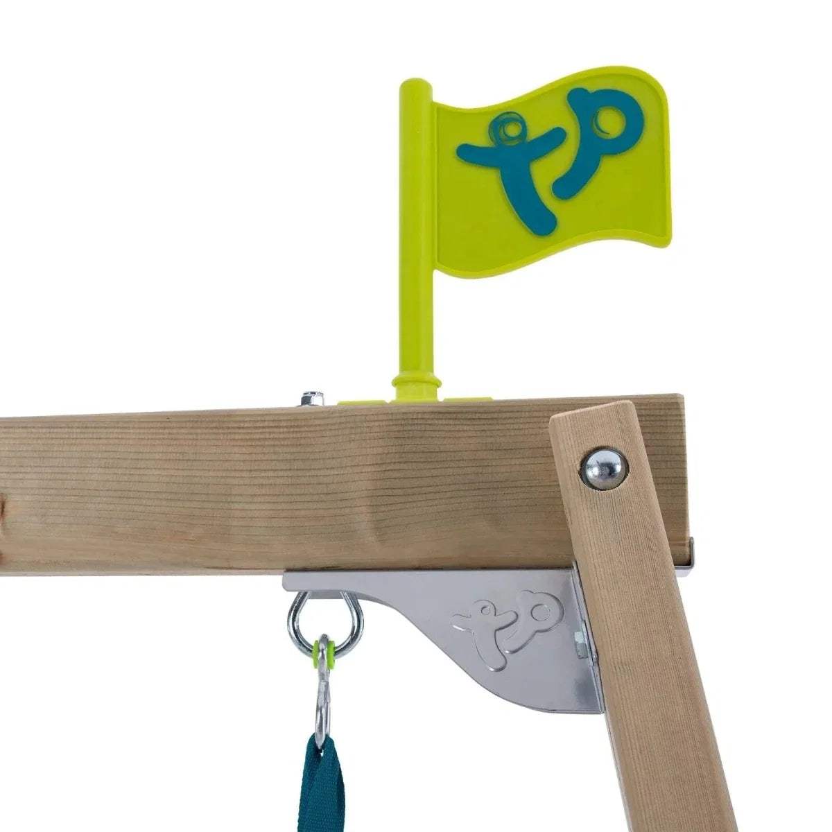 Wooden swing frame bracket with metal hook and green decorative flag