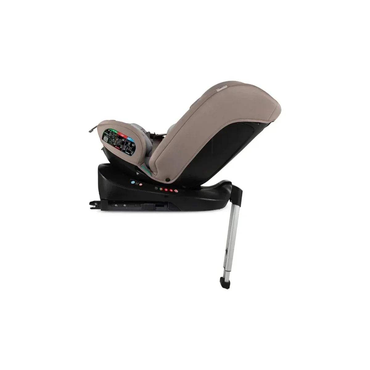 Child car seat side view with brown seat shell and padded shoulder wings
