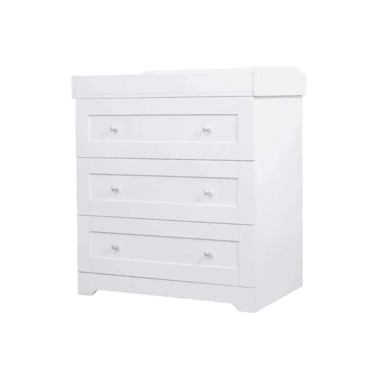 White chest changer with three drawer fronts and metal knob handles
