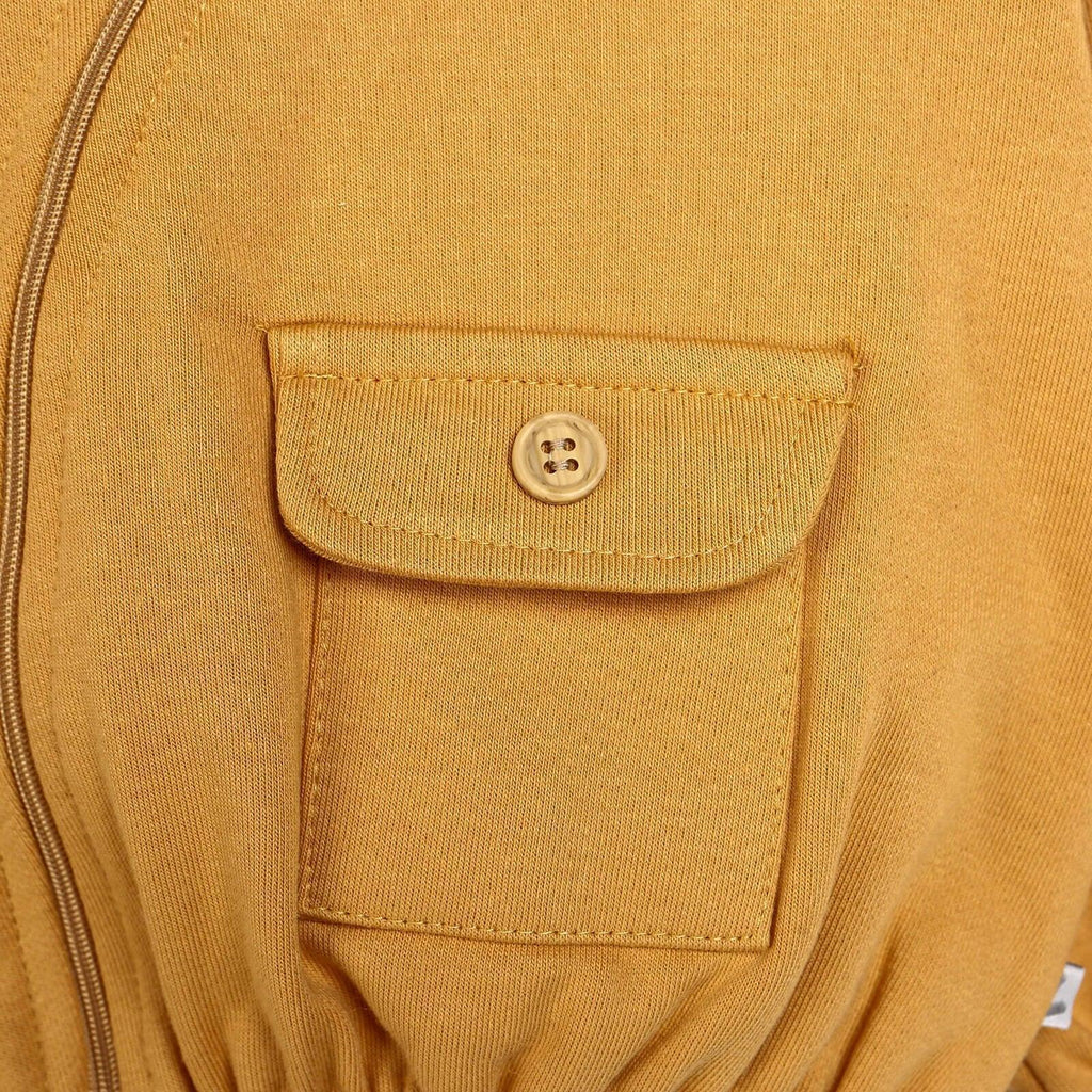 Baby cardigan chest pocket flap with button closure in cinnamon brown