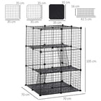 Black wire pet playpen with ramp platforms shown in size and layout diagram