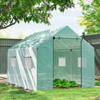 Green walk-in polytunnel greenhouse with open entrance and mesh side panels