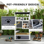 Pet-friendly three-tier cat house with white frame, dark grey panels, and side openings.