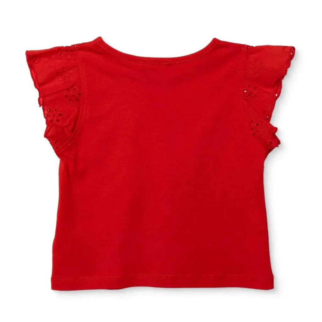 Red short-sleeve baby blouse with eyelet-embroidered cap sleeves