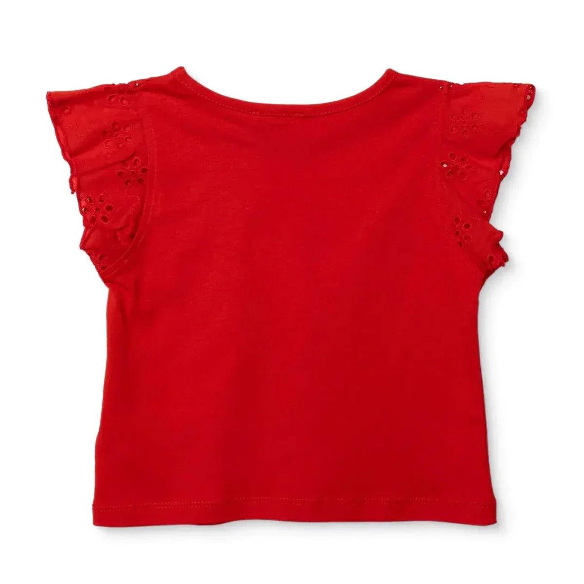 Red short-sleeve baby blouse with eyelet-embroidered cap sleeves