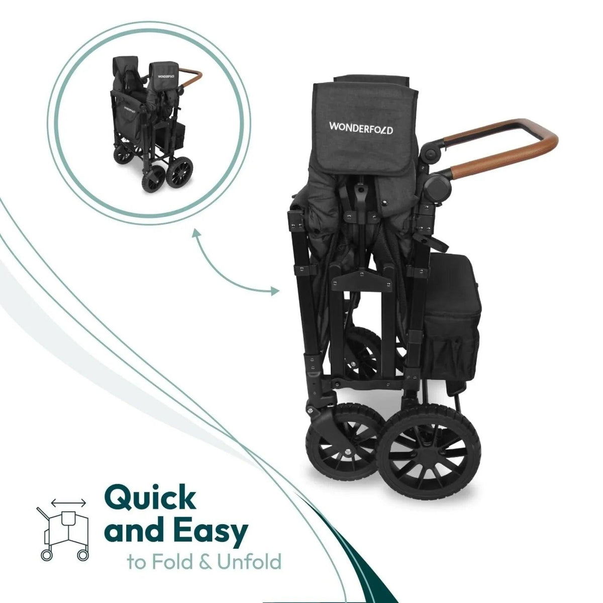 Jet black stroller wagon with canopy and seat, open frame and large wheels