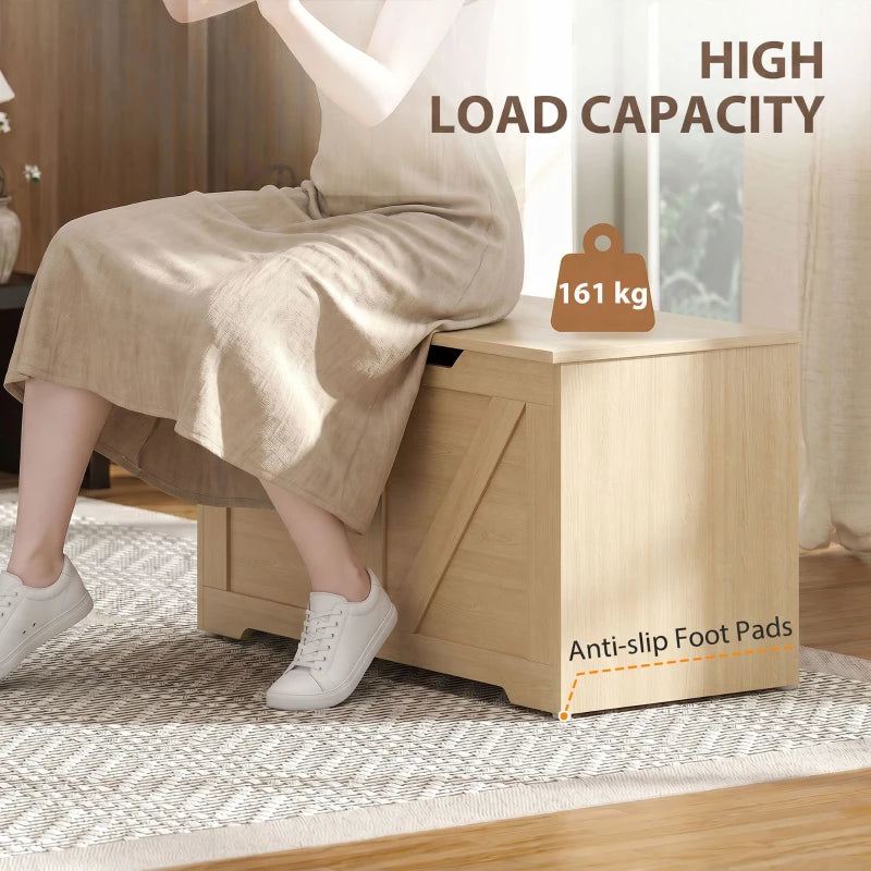Natural wood storage box on anti-slip foot pads with open lid