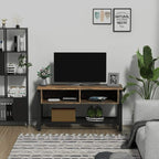 Rustic brown TV stand cabinet with two open storage areas and black mesh shelf, front view.