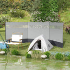 Grey windbreak screen with transparent window sections and dark lower stripe