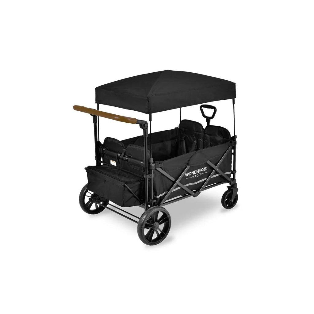 Black quad stroller wagon with canopy and padded seat areas, three-quarter view