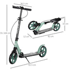 Light green and black folding kick scooter with wheel-and-frame dimensions
