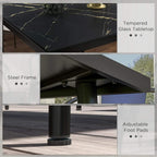 Square outdoor table features: tempered glass tabletop, steel frame, adjustable foot pads