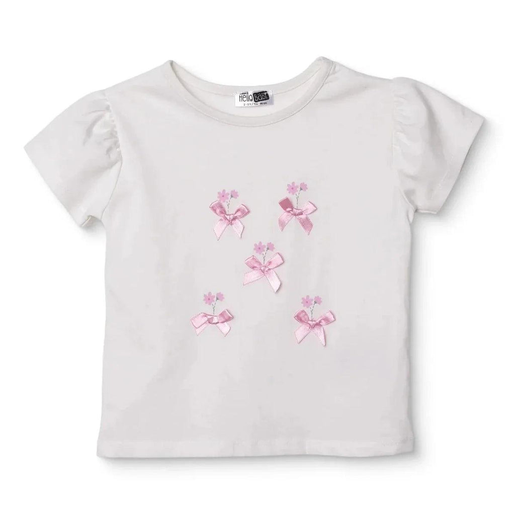 Ecru cotton baby short-sleeve blouse with pink bow and flower appliques