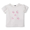 Ecru cotton baby short-sleeve blouse with pink bow and flower appliques