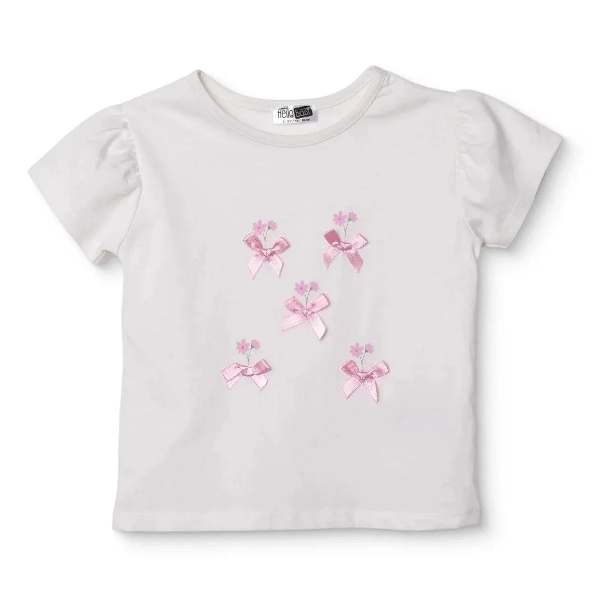 Ecru cotton baby short-sleeve blouse with pink bow and flower appliques