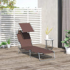 Brown adjustable sun lounger chair with metal legs and sun shade awning