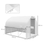 White walk-in polytunnel greenhouse with zip roll-up sidewalls, mesh door, and multiple mesh windows