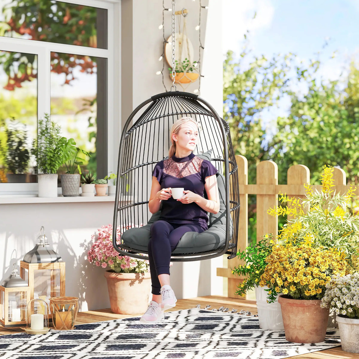 Outsunny Hanging Egg Chair, Foldable Rattan Garden Swing Chair with Installation Kit, Thickened Cushion and Headrest